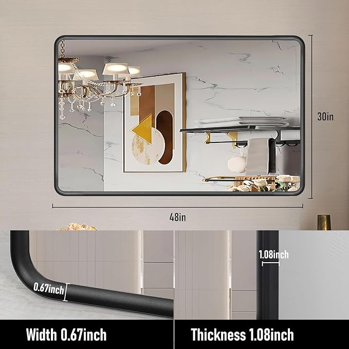 Gold Framed Mirrors for Bathroom,48 x 30 Inch Rounded Conner Rectangle Mirror for Wall, Matte Gold Vanity Mirror with Tempered Glass,Anti-Rust,Hangs Horizontally or Vertically