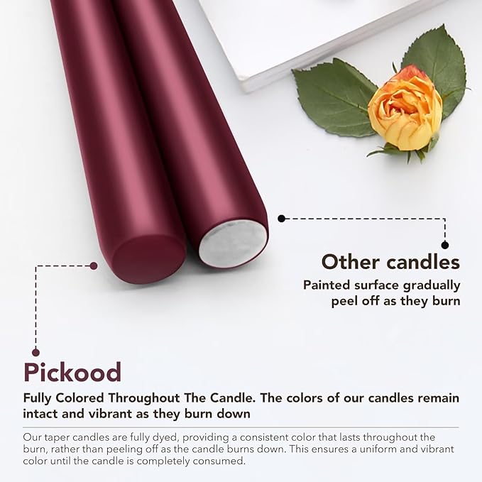 New Burning Formula Unscented Dripless 12-Inch Taper Candles Set of 12 - Burgundy, for Wedding, Dinner - Smokeless, Long Burning - Hand Poured, Colored Tall Candlesticks - Burdeos