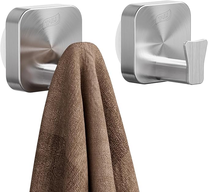 TAILI Stylish 304 Stainless Steel Bathroom Suction Hooks for Towel, Bathrobe, Loofah, No Damage Hanging Glass Shower Wall Hook, Patented Strong Suction Cup Holder, Hold Up to 11 Lbs, A-Cuboid Silver