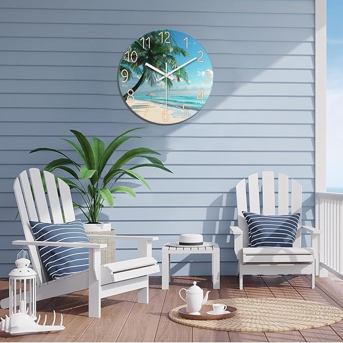 XFM Large Beach Wall Clock Silent Non-Ticking Battery Operated Clocks 24 Inch Blue Ocean Tropical Palm Tree Wall Clock Decorative for Living Room Kitchen Bedroom Office