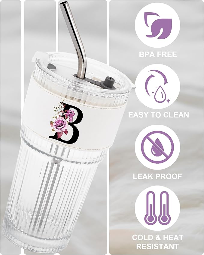 Alphabet Glass Cup with Lid Straw Ice Tea Ribbed Coffee Matcha Latte Clear Tumbler Cute Women Wife Wifey Girlfriend Gf Romantic Personalized Valentines Custom Funny Anniversary Special Day Gift B