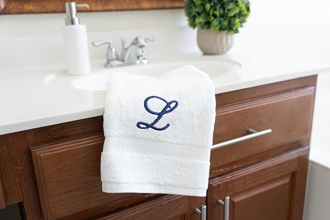 White Monogrammed Hand Towels for Bathroom - Luxury Hotel Quality Personalized Initial Embroidered Towel for Powder Room, Spa - GOTS Organic Certified - Set of 2 Navy Letter L