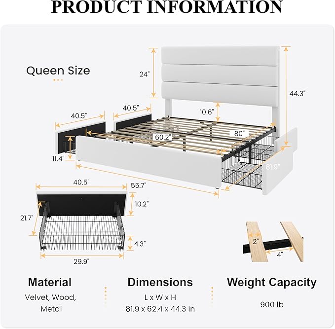 SHA CERLIN Queen Size Platform Bed Frame with 4 Storage Drawers, Velvet Upholstered Headboard, Mattress Foundation with Wooden Slats Support, No Box Spring Needed, Easy Assembly, White