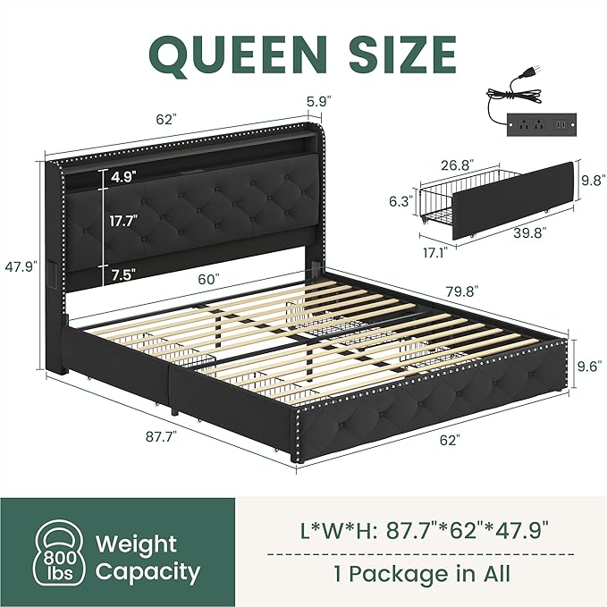 LARMACE Queen Size Bed Frame with Storage & LED Lights & USB Type-C Charging Station,Velvet Upholstered Platform Bed with Headboard and 4 Drawers, No Box Spring Needed, Easy Assembly, Black