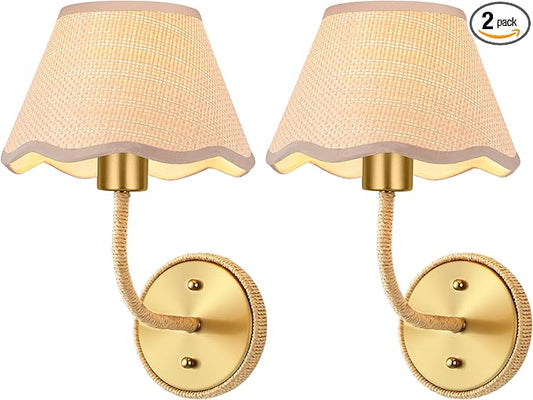 Boho Hand Woven Rattan Wall Sconces Set of Two Gold Rustic Wall Lamp with Grass-Woven Lampshade Hardwire Brass Farmhouse Wall Lights for Bedroom Living Room Hallway Vanity