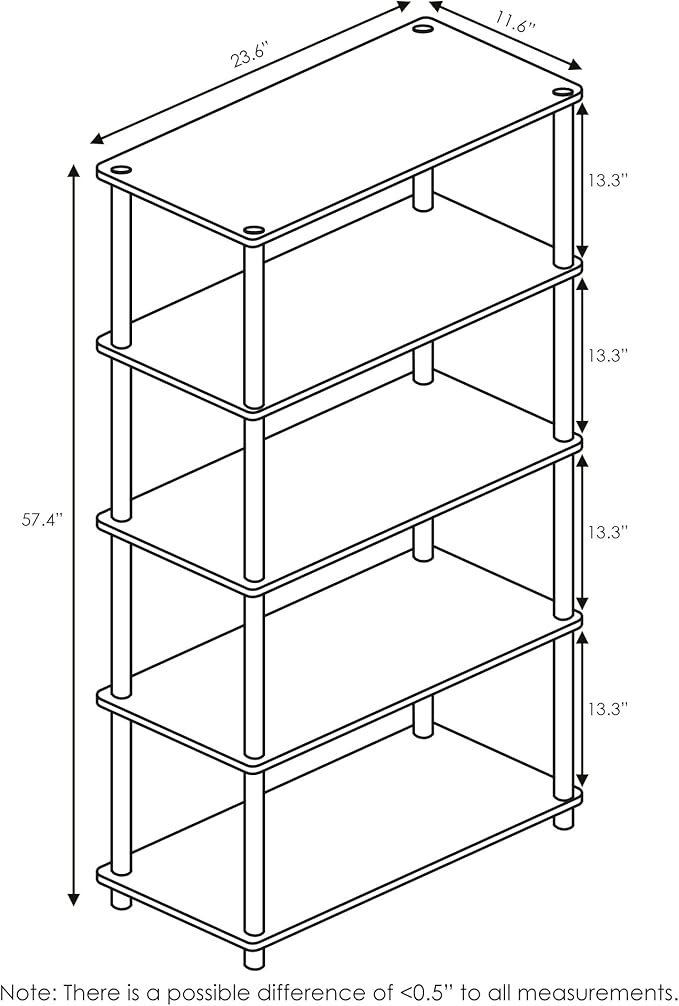 Furinno TURN-N-TUBE Storage Shelves, 5-Tier Book Shelf, Corner Shelf, Toolless Open Shelves, for Organization and Storage, Living Room, Garage, Home Office, Dark Cherry