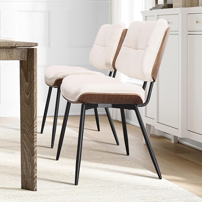 Dining Chairs Set of 2,Mid Century Modern Kitchen Chairs with Walnut Bentwood Back and Metal Legs,Upholstered Fabric Dining Room Chairs for Kitchen, Living Room,Beige
