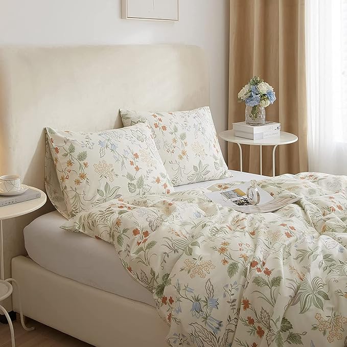 Vintage Style Floral Duvet Cover Queen Soft 100% Cotton Botanical Flower Bedding Set Aesthetic Floral Comforter Cover for Girls Women Chic Vintage Flower Cottagecore Duvet Cover with Zipper Closure