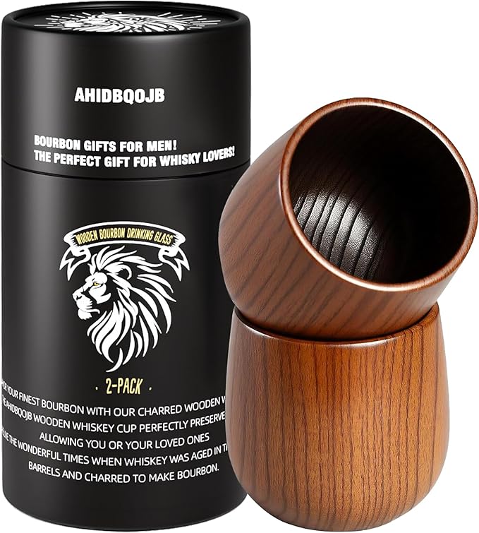 Wooden Bourbon Drinking Glass - Charred Wooden Whiskey Cup - Whiskey Glass for Men - Bourbon Gifts for Men Who Have Everything - Birthday Gifts for Dad Husband Boyfriend or Brother (2 Pack)