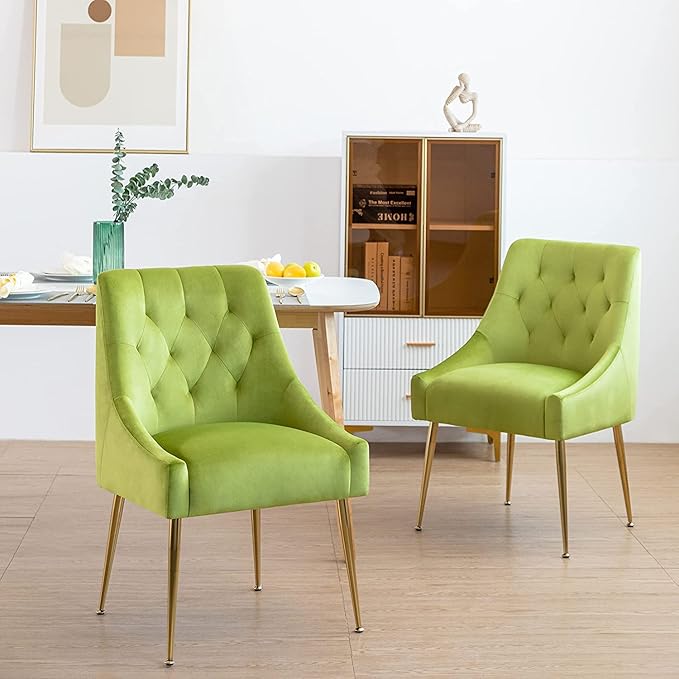 Modern Dining Chair Set of 4, Mid-Century Room Chair, Upholstered Comfortable Velvet with Back Pull Rod and Metal Legs for Kitchen, Living (Yellow-Green) (DYXSD)