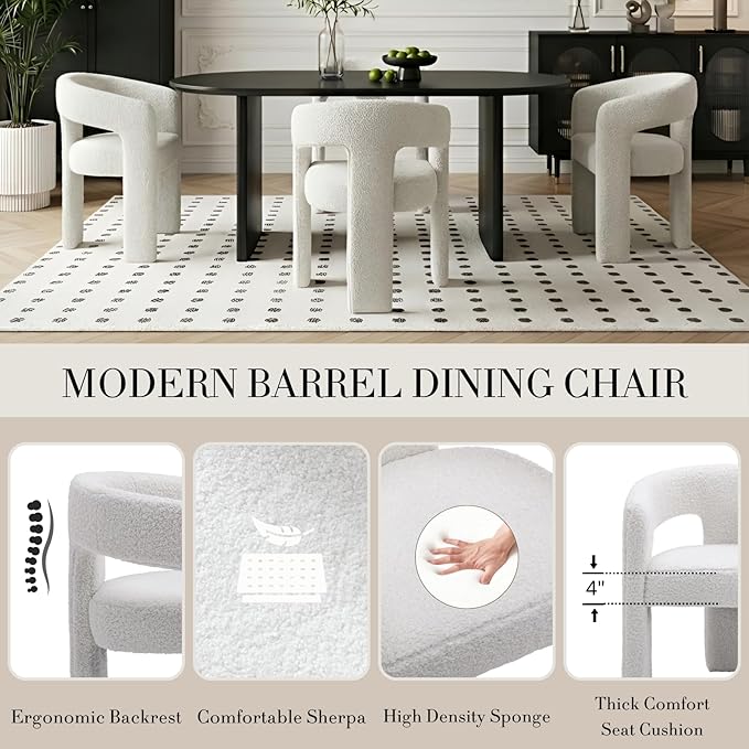 Modern Sherpa Dining Chairs Set of 8, Upholstered Barrel Chairs with Arms Comfy Accent Side Chairs for Living Room/Dining Room/Reception, White