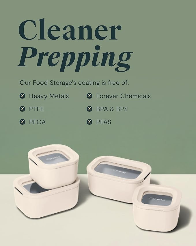 Caraway 6pc Food Storage Container Set - 1.75 Cup Glass Storage Container for Food (6) - Non-Toxic Ceramic-Coated Glass - Air Release Technology - Compact & Stackable Design - Mist