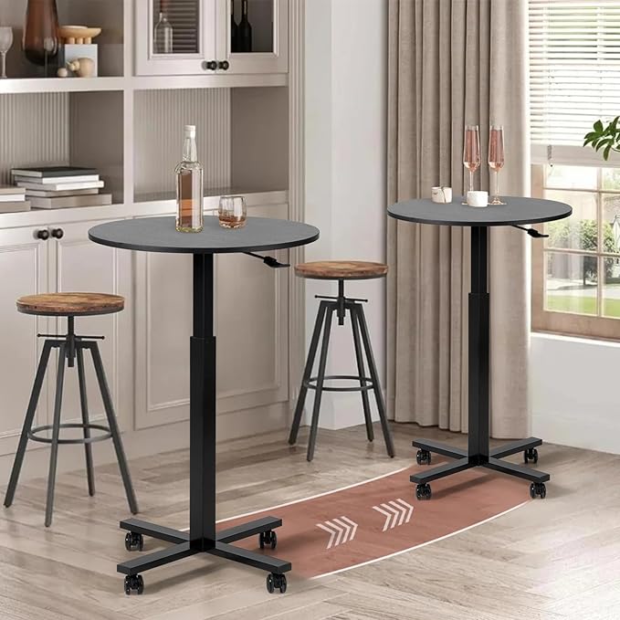 Round Cocktail Bar Table,Height-Adjustable Round Pub Table 23.8 Inches with Removable Wheel & Interchangeable Feet, Dual-Use for Kitchen, Coffee Bar, Pub,Home or Dining,Black
