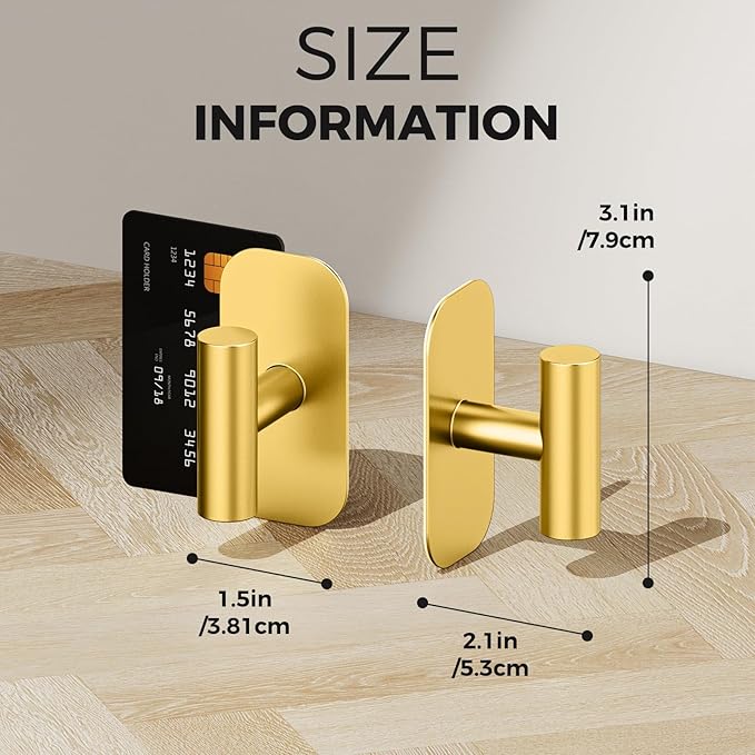 Adhesive Towel Hooks for Shower,Waterproof Heavy Duty Bathroom Hooks,Wall Mounted Sticky Hangers for Coats/Aprons/Robes,No Drilling(Gold,2 Pack)