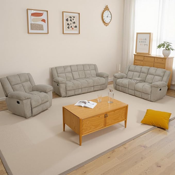 Manual Recliner Sofa Set,Corduroy Reclining Couch Set,Modern Living Room Furniture Set,Reclining Sofa Couch Chair for Living Room Home Office(Beige,3 Pieces Set)