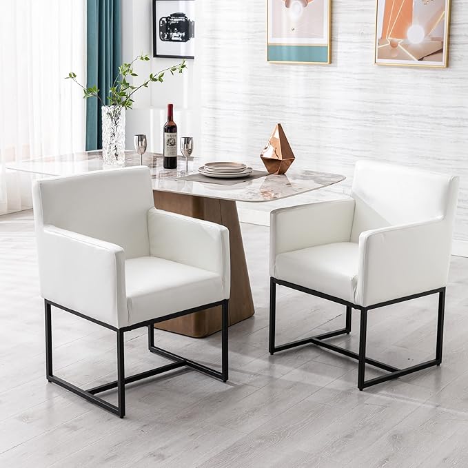 Set of 2 Upholstered Dining Chairs with Armrest, PU Leather Modern Accent Armchairs, Kitchen & Dining Room Chairs Side Chairs, White