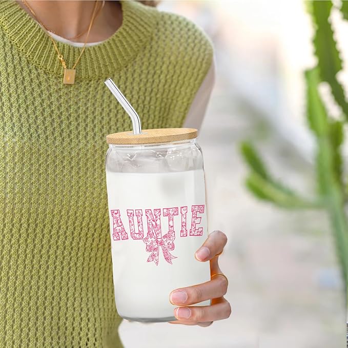Pink Bow Auntie Glass Cup with Lids and Straws 14oz, Auntie Mother's Day Birthday Gifts from Niece Nephew Glass Iced Coffee Tumbler Drinking Jars with Cleaning Brush