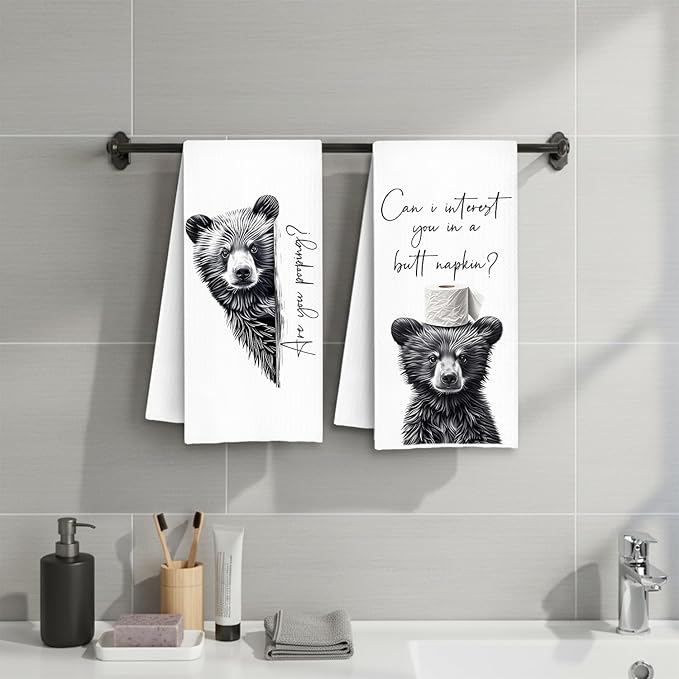 Funny Bear Hand Towels, Bear Bathroom Decor, are You Pooping Humorous Bears Animal Decorative Hand Towels for Bathroom Washroom Restroom Toilet, 16x24 Inch Set of 2