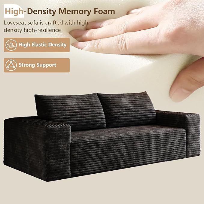 Cloud Loveseat Sofa, Modern Corduroy 2-Seater Couch with Deep Seat, No Assembly Required Memory Foam Sofa, Boneless Sofa in a Box for Bedroom, Apartment, Office,Small Space (Black,70.8in)