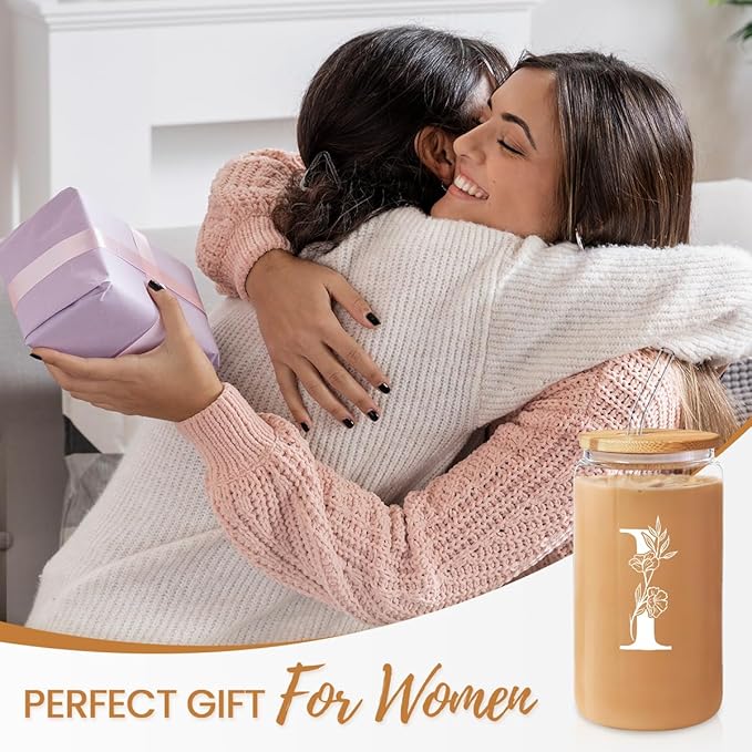 SANDJEST Monogrammed Gifts for Women - Monogram I Initial Glass Cup 16 Oz Can Coffee Cups with Lid and Straw - Monogram Initials Gifts for Womens on Birthday