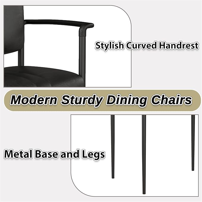 Mid-Century Modern PU Leather Dining Chairs Set of 6, Upholstered Kitchen Chairs with Arms and Metal Legs Adjustable Feet for Kitchen Dining Room(Black)