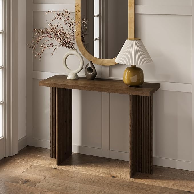 Fluted Console Table - Slim Entryway Table for Narrow Hallways - Natural Wood Console with Curved Cross Base & Mid-Century Modern Style - Walnut