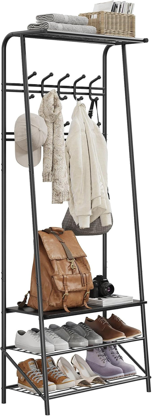 MDF Hall Tree with Bench, 4-in-1 Entryway Coat Rack with Storage Shelf & Shoe Organizer, Sturdy Freestanding Furniture for Living Room, Bedroom, Mudroom