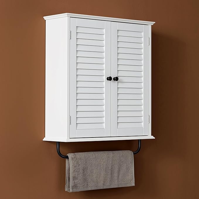 Bathroom Storage Cabinet with Adjustable Wood Shelves & Doors, Made of PDF Wood, Wall Mounted with Towels Bar, Over The Toilet Storage Cabinet for Kitchen & Living Room & Laundry Room-White