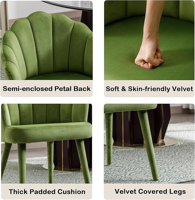 Velvet Dining Chairs Set of 4 Modern Living Room Chairs with Petal Back & Wood Legs Comfy Upholstered Side Chair for Dining Room/Bedroom/Vanity, Olive