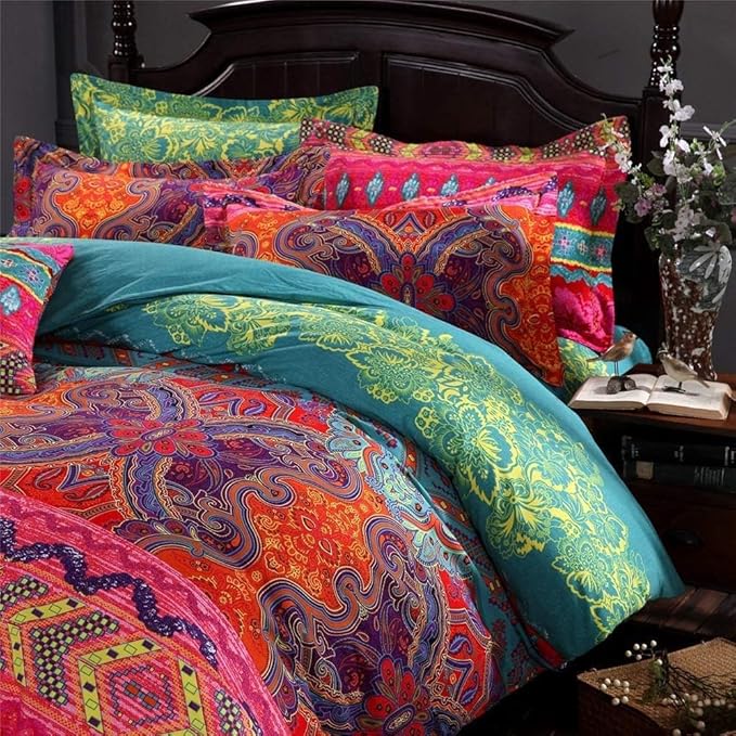 Boho Full Size Comforter Set Soft Chic Boho Comforter Set 3 Pieces Lightweight Exotic Yellow Orange Bohemian Mandala Colorful Retro 1 Boho Comforter and 2 Pillowcases for All Seasons