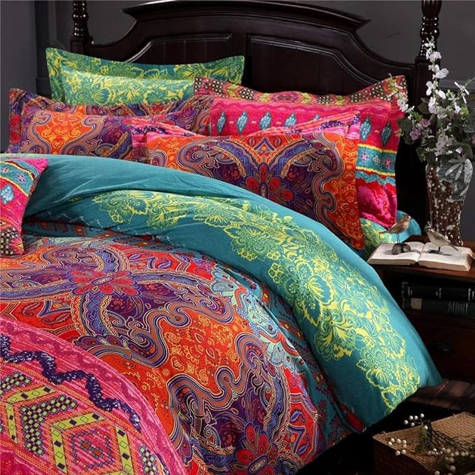 Queen Size Boho Comforter Set - 3 Pieces Lightweight Exotic Yellow Orange Mandala Colorful Retro Boho Comforter and 2 Pillowcases for All Seasons