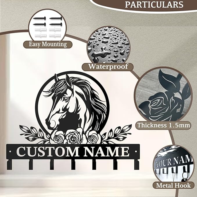 Custom Horse Key Hook - Personalized Forged Iron Wall Keys Holder with Equestrian Design, Black Metal Home Decor for Horse Theme Lovers (Style D)