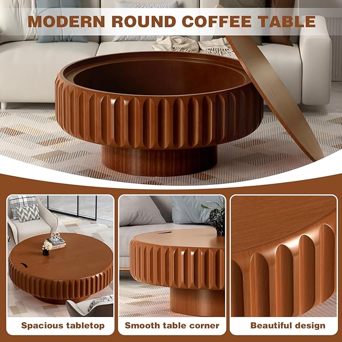31.5" Drum Coffee Table with Storage Modern Unique Fluted Tea Table Contemporary Wood Round Coffee Table Center Table for Living Room Apartment (brown-31.5in)