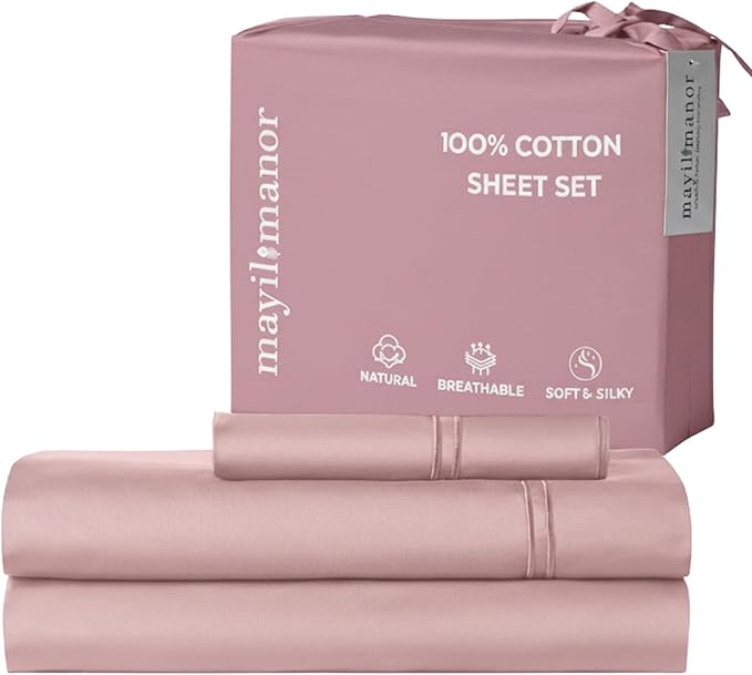 100% Natural Cotton Bed Sheets | 500 TC Single-Ply Sateen Weave Twin Sheets Set | Soft, Breathable, Hypoallergenic Solid 3-Piece Bedding with Deep Pocket Fitted, Flat, Pillowcase | Blush