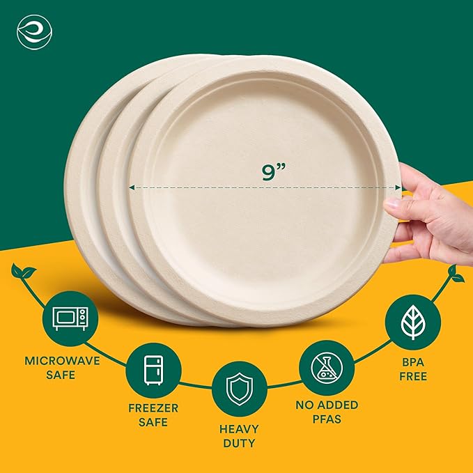 ECO SOUL Compostable 9 Inch(400-Pack) Biodegradable Heavy-Duty Disposable Eco-Friendly Paper Plates for Christmas Dinner & Parties, Wedding, Event
