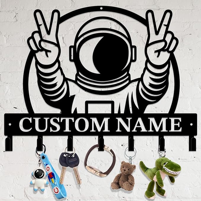Personalized Custom Astronaut UFO Metal Wall Keys Hooks,Clothes Hooks Astronaut Art coat racks,door holder,Black Astronaut decorations for home,Entrance doors,Hallway, Bedroom,Keys,Hats (Style I)
