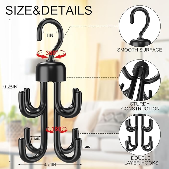 3Pcs Tank Top Hanger, Rotatable Bra Hangers for Closet Organizer, Max 72 Storage Capacity Belt Hanger, Plastic Space Saving Closet Organizers Apartment Dorm Essentials for Bra (3, Black)