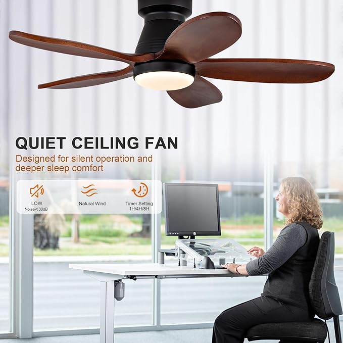 36 Inch Flush Mount Ceiling Fans with Lights and Remote, Dimmable, Wall Switch, 5 Blades Wood Ceiling Fan with Light, Low Profile Outdoor Indoor Modern Ceiling Fan for Bedroom Patio (Black Walnut)