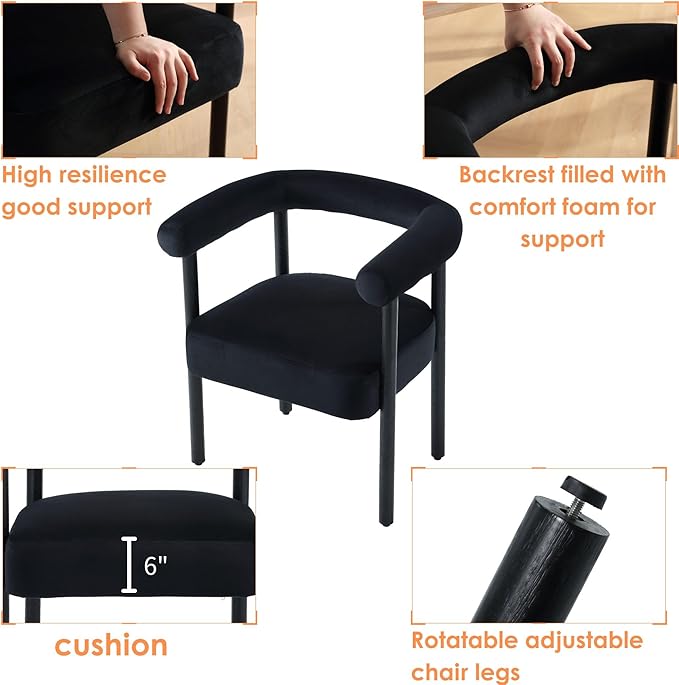 Mid-Century Modern Dining Chairs Set of 4, Armrest Barrel Dining Chairs Side Chairs with Curved Back, Upholstered Wood Armchairs for Kitchen, Velvet Black