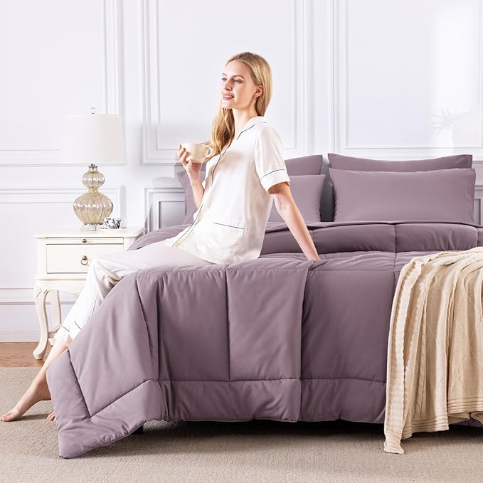 CozyLux King Size Comforter Set Dusty Purple - 7 Pieces Bed in a Bag Dusty Purple Comforter King Size, Bedding Set with All Season Quilted Comforter, Flat Sheet, Fitted Sheet, Pillowcases