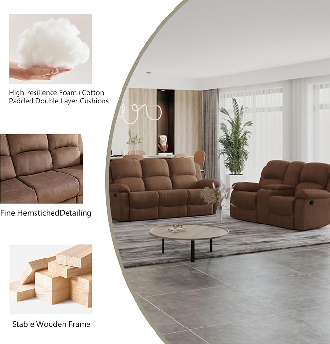 Manual Recliner Sofa Set,Microfiber Reclining Couch Set,Modern Living Room Furniture Set,Reclining Sofa Couch Chair for Living Room Home Office(Brown,3 Pieces Set)