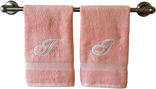 Pink Monogrammed Hand Towels for Bathroom - Luxury Hotel Quality Personalized Initial Embroidered Towel for Powder Room, Spa - GOTS Organic Certified - Set of 2 White Letter T