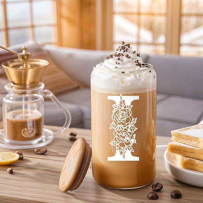 Christmas Gifts for Women: Initial Glass Cup as Office Graduation Memorial Holiday Personalized Gifts - for Mom Grandma Wife Girlfriend Sister Daughter Friend Christmas Gifts - I Aesthetic Cup