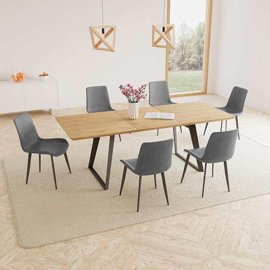 ZckyCine 67'' Extendable Rectangular Wooden Dining Table and Chairs 6-Seater Modern Mid-Century Style Multi-Purpose Space-Saving Design Home Dining Room Furniture Set