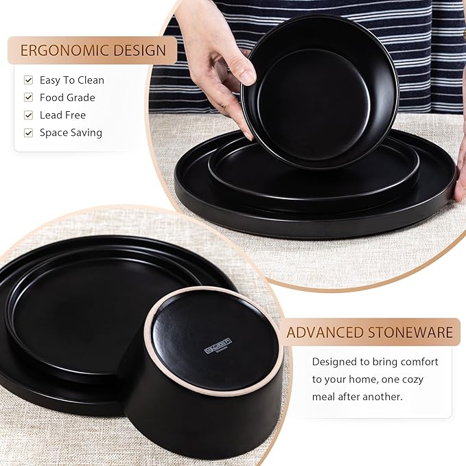 Dinnerware Sets for 4 - CJDC-QUELO 12-Piece Stoneware Plates and Bowls Sets, Ceramic Dishware Sets for Kitchen Use and Formal Dining, Chip and Scratch Resistant Microwave Dishwasher Safe, Black