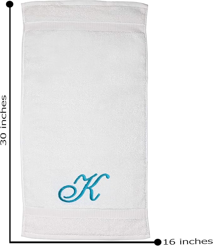 White Monogrammed Hand Towels for Bathroom - Luxury Hotel Quality Personalized Initial Embroidered Towel for Powder Room, Spa - GOTS Organic Certified - Set of 2 Teal Letter K