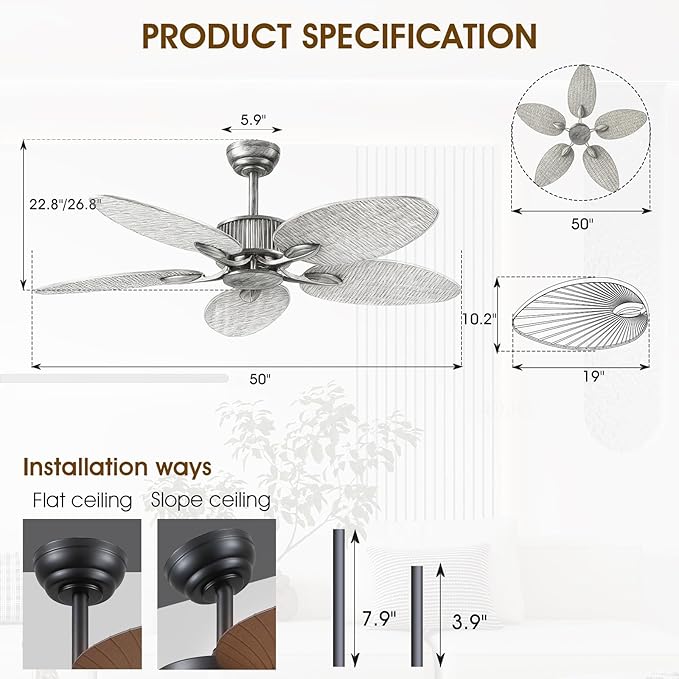 50 Inch Tropical Ceiling Fan no Light, Outdoor Waterproof Palm Leaf Ceiling Fans for Patios Porches, Remote +APP Control, Wet Rated, 6 Speeds, Quiet, Brown