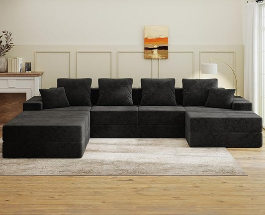 Living&Giving 128" U-Shaped Cloud Sectional Couch for Living Room, Cloud Boneless Couch-No Assembly with Reversible Chaise, Customizable 4-Seat Modular Sectional Sofa with 3 Ottoman, Black