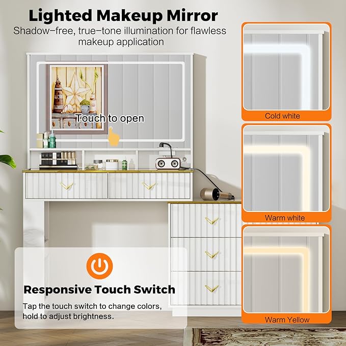 57“Makeup Vanity Desk with Mirror and Lights, Vanity Desk with 5 Drawers & Storage Shelves, Vanity Table with Power Outlet, 3 Color Modes & Adjustable Brightness Dressing Table, Bedroom,White