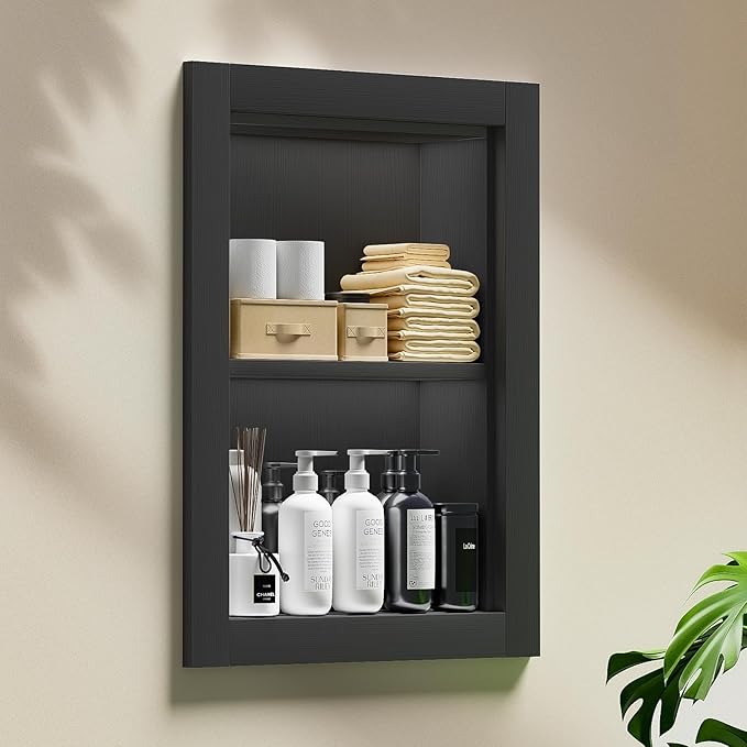 Recessed Medicine Cabinet, 14x18 Wood Recessed Wall Niche Medicine Cabinet Replacement, Water-Proof Wall Niche for Bathroom/Hallway, Black